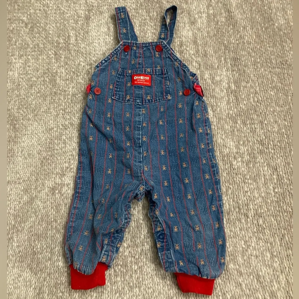 Vintage OshKosh B’Gosh Teddy‎ Bear Overalls 24M Denim Striped USA Made